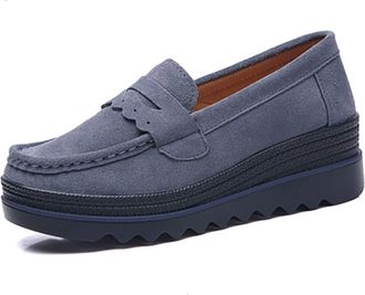 Generic11 Loafers for Women Platform Anti-Slip Breathable Slip-On Low-Cut Solid Color Suede Leather Shallow Wedge Daily Walking Casual Shoes Dark Grey