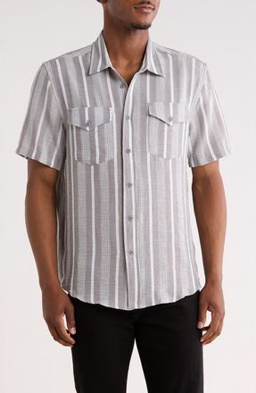 Frye Stripe Short Sleeve Button-Up Shirt in Med Grey at Nordstrom Rack, Size X-Large