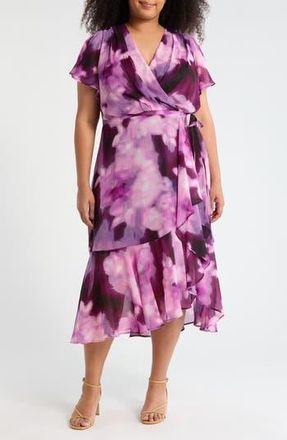 DKNY Flutter Sleeve Faux Wrap Dress in Raisin Multi at Nordstrom Rack, Size 16W