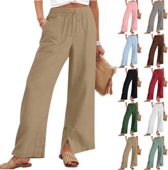 Generic Cotton Trousers for Women UK Linen Trousers Womens Wide Leg Cotton Spring Summer Trouser with Pockets Casual Elasticated Waist Palazzo Pants Fashion L