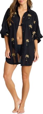 Tommy Bahama Catalina Coast Palm Cover-Up Shirt in Black at Nordstrom, Size X-Large