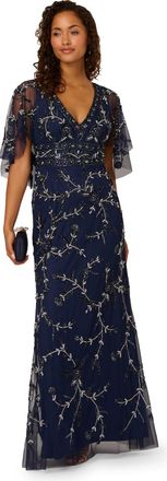 Adrianna Papell Womens Bead Cape Long Dress - Blue - Size 12 UK