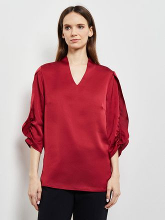 Misook Gathered Tulip Sleeve Crepe de Chine Blouse