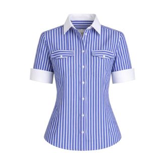 Fay Short Sleeve Shirts, female, Blue, Size: 2XS Slim Fit Striped Cotton Shirt