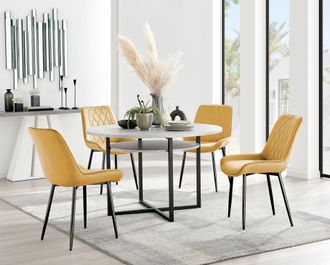 Furniturebox Adley Grey Concrete Effect & Black Round Dining Table with Shelf & 4 Velvet Pesaro Dining Chairs in Mustard