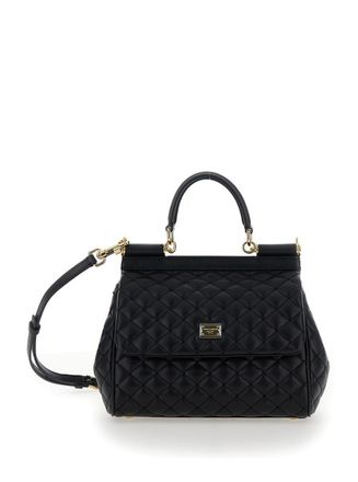 Dolce & Gabbana Sicily Medium Black Handbag With Logo Plaque In Quilted Leather Woman