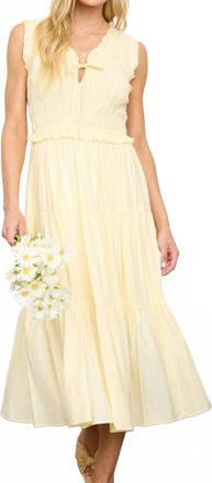 Blu Pepper Smocked Front Tie Ruffle Detail Tiered Midi Dress In Butter Yellow