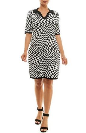 Nina Leonard Elbow Sleeve Jacquard Knit Dress in Black/Ivory at Nordstrom Rack, Size X-Large