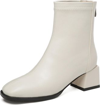 Generic Womens PU Leather Ankle Boots Square Toe Mid Chunky Heels Back Zipper Comfortable Slip-Resistant Durable Casual Daily Office Work Shoes,Beige,4.5 UK