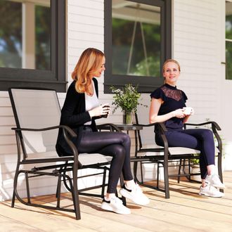 OUTSUNNY Outdoor Double Glider Rocking Chairs w/ Glass Top Middle Table, Metal Gliding Love Seat Conversation Furniture w/ Breathable Mesh Fabric
