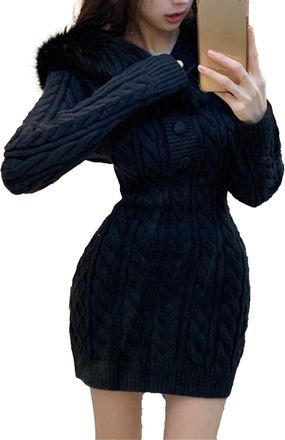 Generic Womens Plush Hooded Knitted Dress V Neck Button Wrapped Sweater Frock Long Sleeve Hoodies Ribbed Knit Frocks (Black,M)