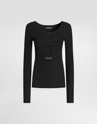 Dolce & Gabbana Ribbed Cotton Serafino T-shirt - Woman T-shirts And Sweatshirts Black Cotton 38