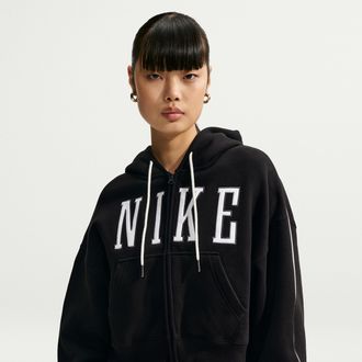 Nike Womens Studio Fleece Medium Weight Oversized Full-Zip Cropped Hoodie in Black | IU1130-001