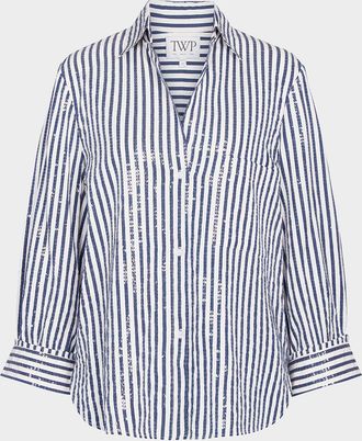 TWP Next Morning Sequined Stripe Button-Front Shirt