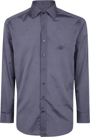 Etro Pegaso Geborduurd Shirt - Heren - Zakelijke Overhemden - Grijs - 3XL - Katoen - Overhemden