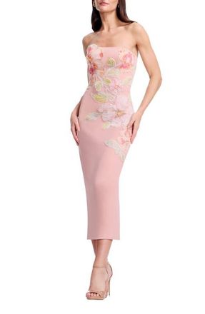 Dress The Population Viviana Strapless Bodycon Tea Length Dress in Blush Multi at Nordstrom, Size Xx-Large