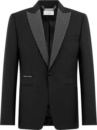 Philipp Plein Blazer Met Revers Studs - Heren - Blazers - Zwart - 2XL - Leer - Jassen
