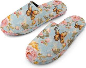 Generic Butterfly And Flowers Mens Flannel Slipper Soft Non Slip House Shoes Comfy Winter Warm Indoor Outdoor Slippers