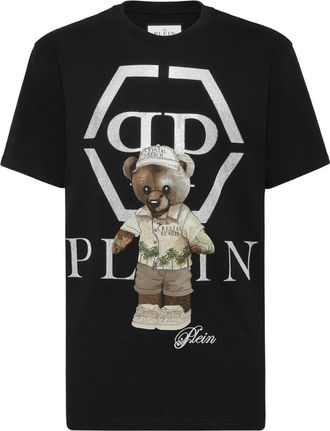 Philipp Plein Tops, Heren, Zwart, XL, Katoen, T-shirt met ronde hals Crystal Teddy Bear
