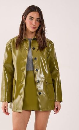 NASTY GAL Vinyl High Clean Longline Jacket in Olive at Nordstrom, Size 12