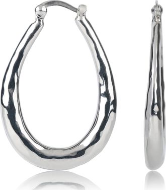 MAX + STONE 925 Sterling Silver Oval Hammer Finish Chunky Hoop Earrings