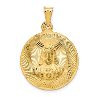 Diamond2Deal 14k Yellow Gold Diamond-cut Large Solid Sagrado Corazon de Jesus Round Pendant