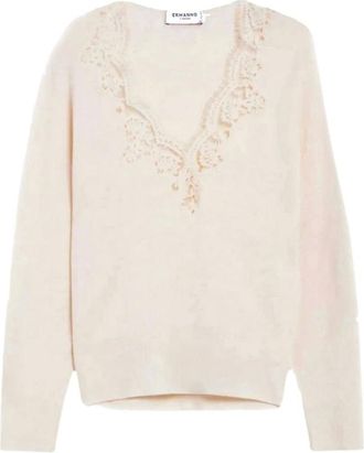 Ermanno Scervino Maglione con scollo a V in lana - - Knitwear - Donna - Beige - L