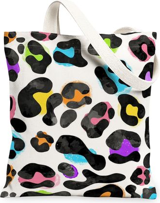 Generic Leopard Print Canvas Tote Bags, Colorful Animal Pattern Reusable Grocery Bags, Lightweight Washable Shoulder Strap Canvas F, Multicolor, 13x15 Inch