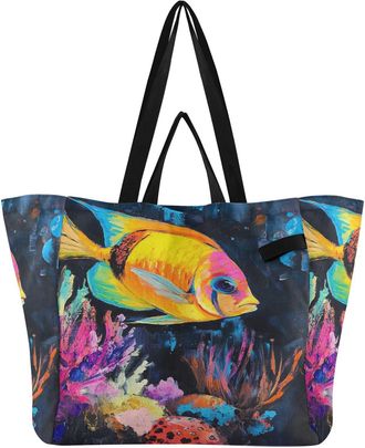 Generic Fish Yellow Ocean pattern Reusable Canvas Tote Bag, Heavy Duty Grocery Shopping Bag with Double Handles Hard Bottom Large Capacity Work Groceries Trav