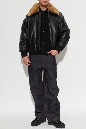 Ami Leather Jacket With Fur Collar, Mens, Black