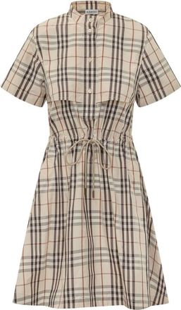 Burberry Beige Checks Band Collar Midi Dress