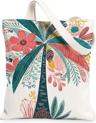 Generic Floral Canvas Tote Bags, Colorful Plant Design Reusable Shopping Bags, Summer Bohemian Lightweight Washable Shoulder Strap, Multicolor, 13x15 Inch