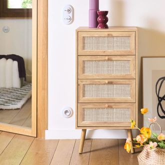 Sweeek C&oacute;moda de 4 cajones, con efecto madera y ca&ntilde;a, natural
