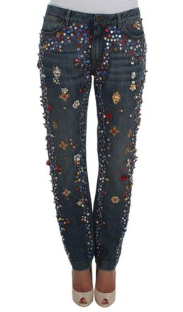 Dolce & Gabbana Womens Crystalembellished Jeans Straight Leg - Medium Blue Cotton - Size EU 38 (Womens)