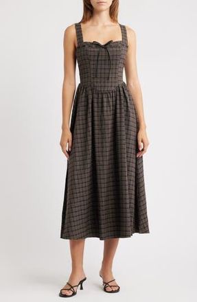 Moon River Plaid Sweetheart Neck Fit & Flare Midi Dress in Dark Brown at Nordstrom Rack, Size Large