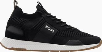 HUGO BOSS Mens Titanium Runn Knitted Black/White Runner Trainers - Size: 10