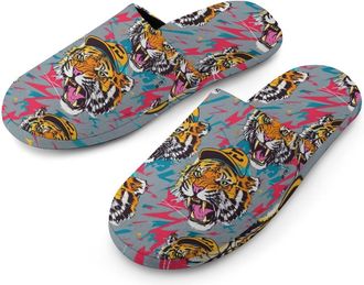 Generic Tiger with Baseball Cap Artistic Warm Mens Slippers Slip On Soft Fleece House Shoes Winter Indoor Outdoor