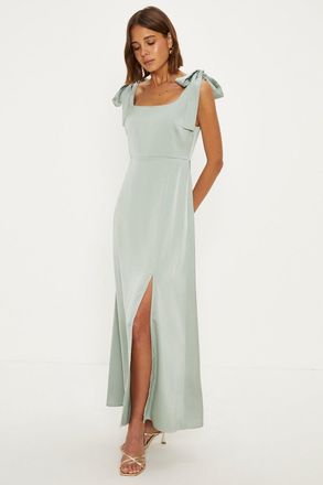 Oasis Womens Petite Satin Tie Shoulder Midi Bridesmaids Dress - Sage Green - Size 12 UK