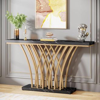 Tribesigns Consolle Oro, Tavolo da Ingresso Moderno con Base in Metallo a Forma di Griglia per Ingresso, Corridoio, Anticamera, Soggiorno Bianco Oro, 150 x 29,5