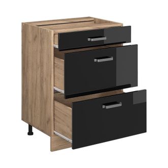 Vicco Mobiletto base per cucina R-Line, Nero lucido, 60 cm con cassetti, senza piano di lavoro Vicco