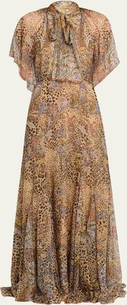 Etro Paisley Animal-Print Silk Chiffon Neck-Scarf Maxi Dress