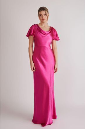 Six Stories Flutter Sleeve Satin Bridesmaid Dress in Fuchsia at Nordstrom, Size 4