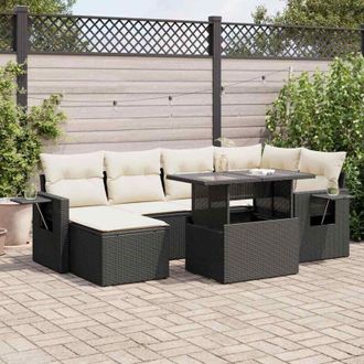 vidaXL Set De Sof&aacute;s De Jard&iacute;n 7 Pzas Con Cojines Rat&aacute;n Sint&eacute;tico Negro Vidaxl