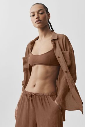 Alo | Semi-Sheer Golden Hour Button Down Long Sleeve Top in Sun Kissed Brown, Size: Medium