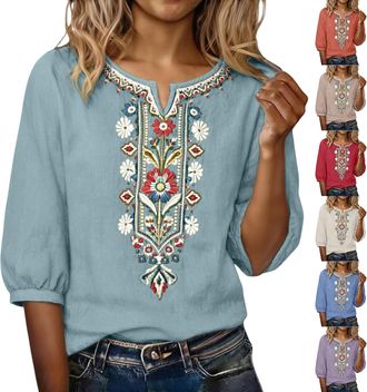 Generic Womens Blouses & Shirts Boho Tops for Women UK Cotton Linen Half Sleeve Embroidery Blouse Elegant Casual Summer Breathable T Shirts Lightweight Fashio