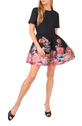Ted Baker Placed Floral Short Sleeve Jacquard Fit & Flare Minidress in Rich Black at Nordstrom, Size 6