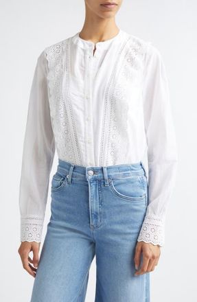 Veronica Beard Clermont Eyelet Ruffle Detail Cotton Blend Button-Up Shirt in White at Nordstrom, Size 00