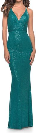 La Femme Dazzling Plunging V-Neck Sequined Gown In Peacock
