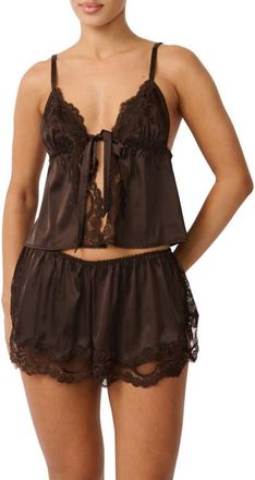 Kat The Label Madeline Espresso Lace Trim Satin Tap Shorts at Nordstrom, Size Xx-Large