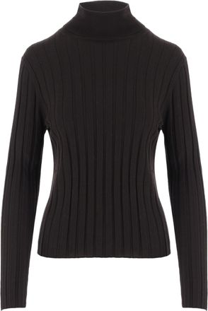 Allude Dark Brown High Neck Ribbed Knit Wool Sweater